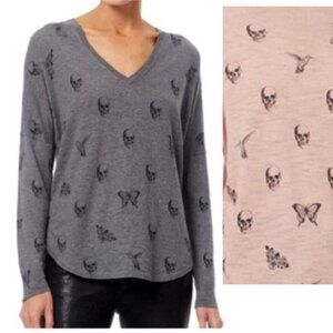 Skull Cashmere Pink V-Neck Long Sleeve Skull Print Top Size medium